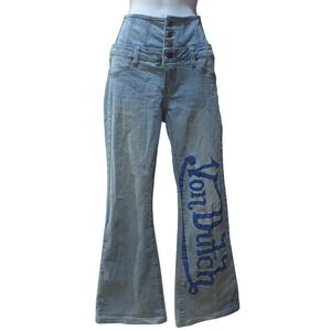 Von Dutch Vtg Y2K Corset High Waist Flare Jeans Logo Button Fly‎ Streetwear Sz 3
